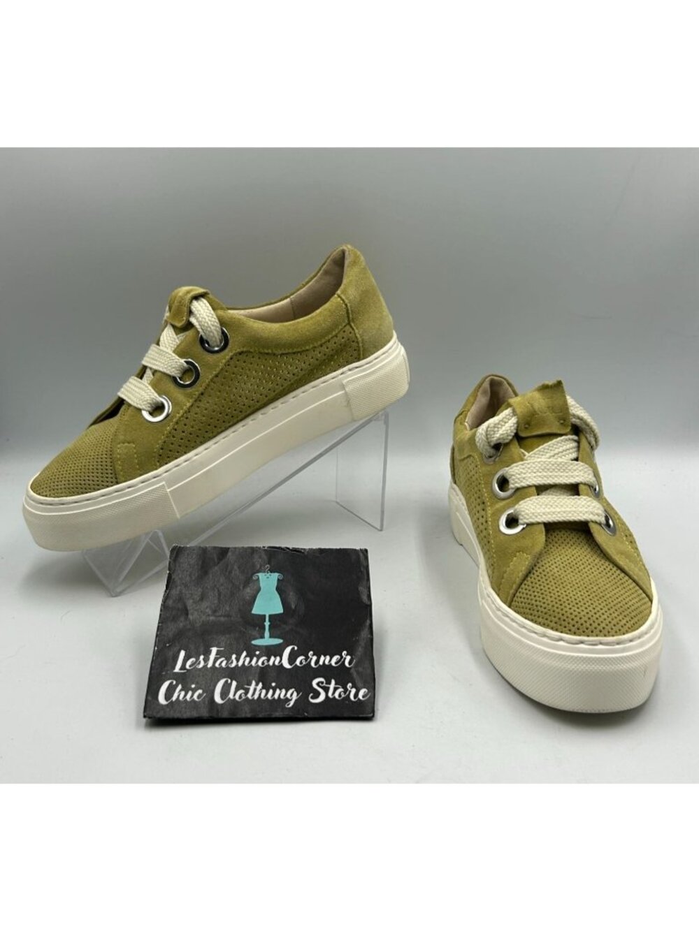 AGL Women's Green Perforated Suede Leather Platform Sneakers Size 6.5 (37) 3431